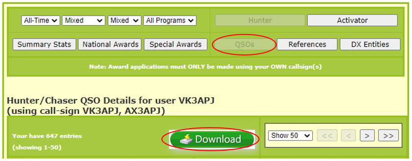 WWFF Log Search screen showing where to download a Hunter QSO log